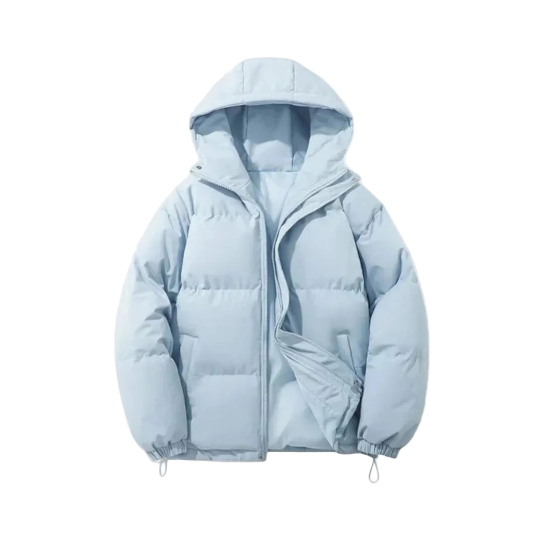 Light blue puffer jacket on a white background