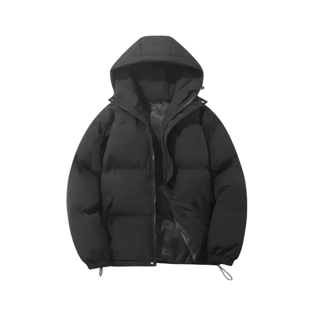 A black hooded puffer jacket with a front zipper, shown flat against a light white background.