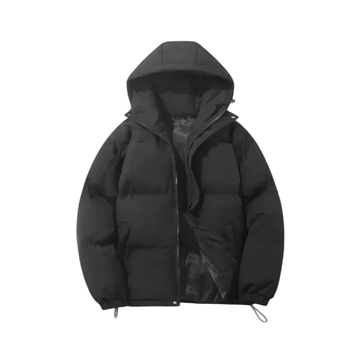 A black hooded puffer jacket with a front zipper, shown flat against a light white background.