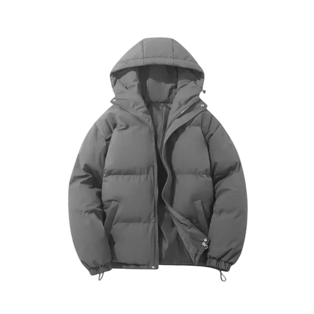 Gray puffer jacket with a hood on a light white background