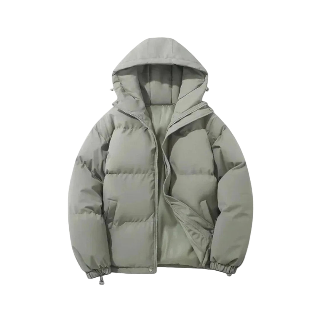Light gray puffer jacket on a light white background