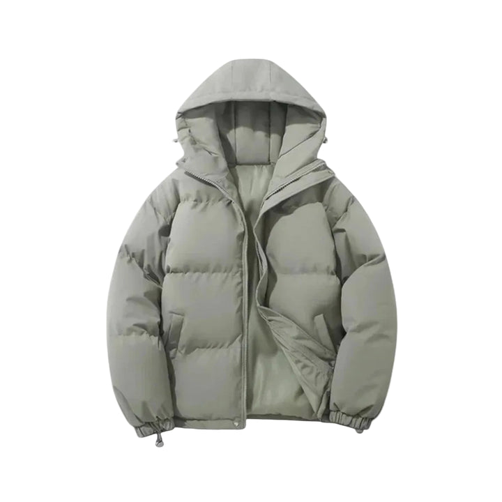 Light gray puffer jacket on a light white background