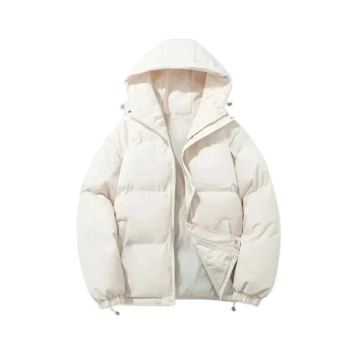 Beige puffer jacket on a light white background