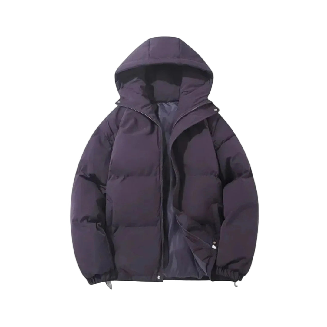 Purple puffer jacket on a light white background