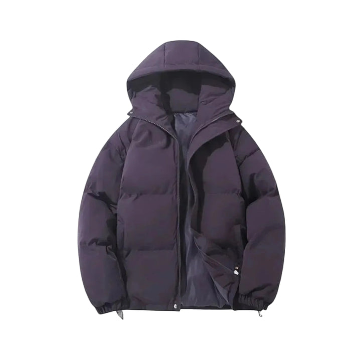 Purple puffer jacket on a light white background