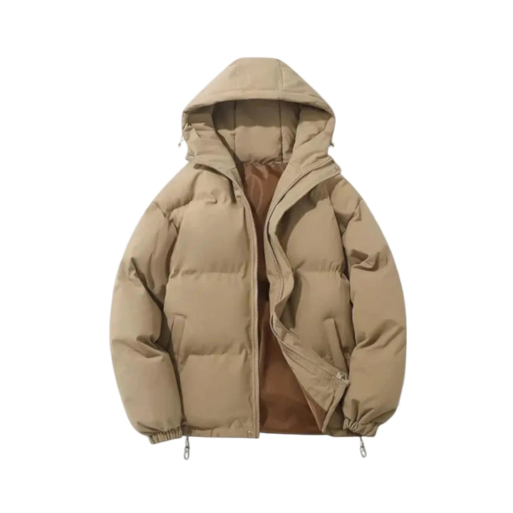 Beige puffer jacket with a hood on a white gray background