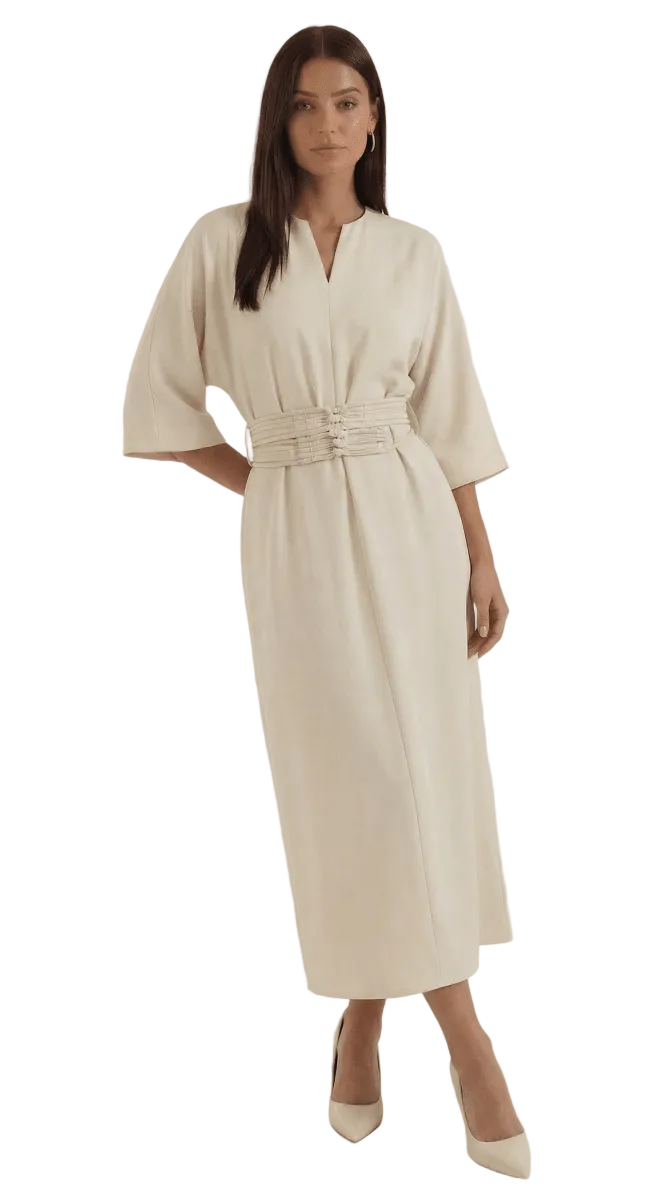 Woman wearing a beige dress with a belt on a white background
