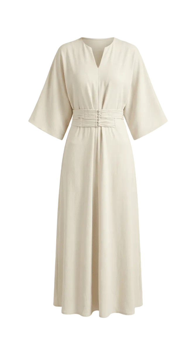 Beige dress with a belt on a light gray background