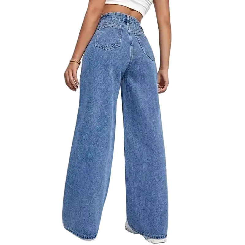 Blue jeans worn by a person on a white background
