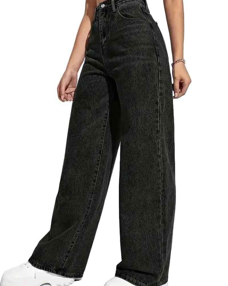A person wearing high-waisted, wide-leg black denim jeans with white sneakers, shown from the waist down against a plain white background.