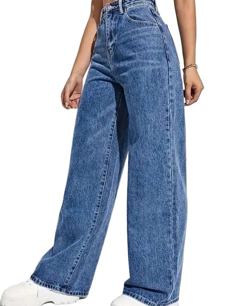 A person wearing high-waisted, wide-leg blue denim jeans with white sneakers, shown from the waist down against a plain light background.