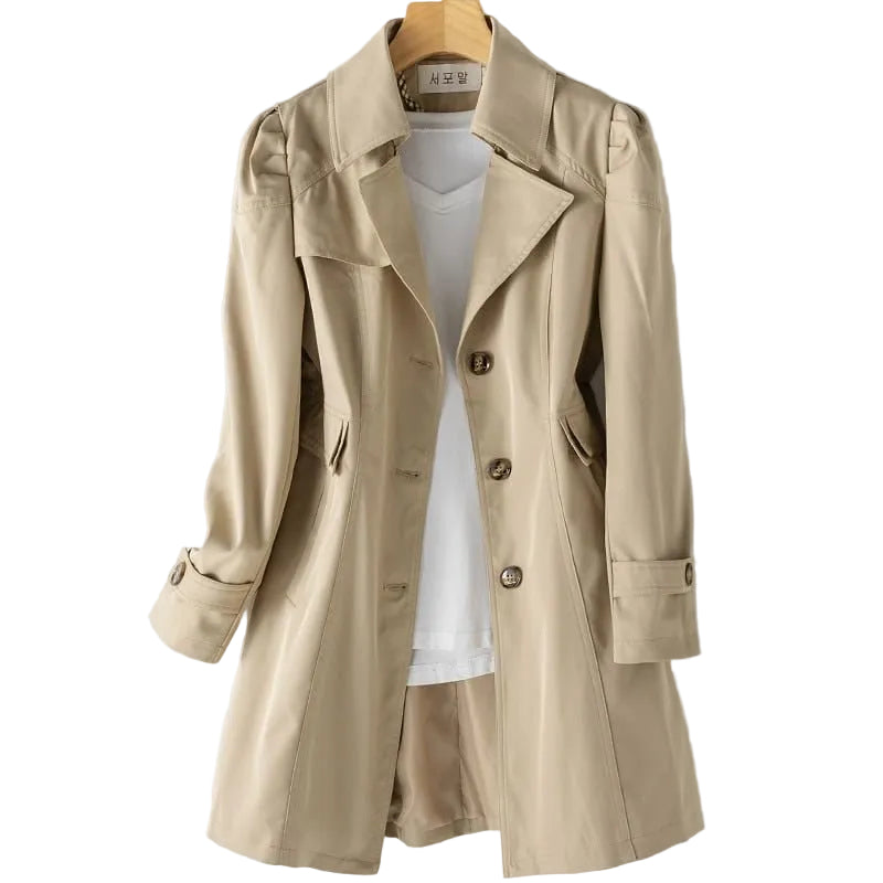Beige trench coat on a white background.