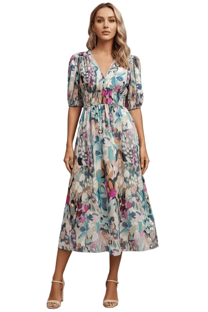 Woman wearing a floral dress against a white background