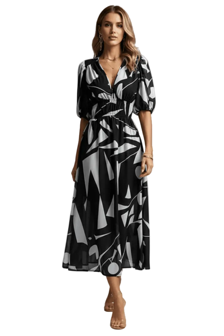 Woman wearing a black and white patterned dress on a white background