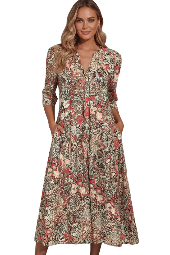 Woman wearing a floral dress against a white background