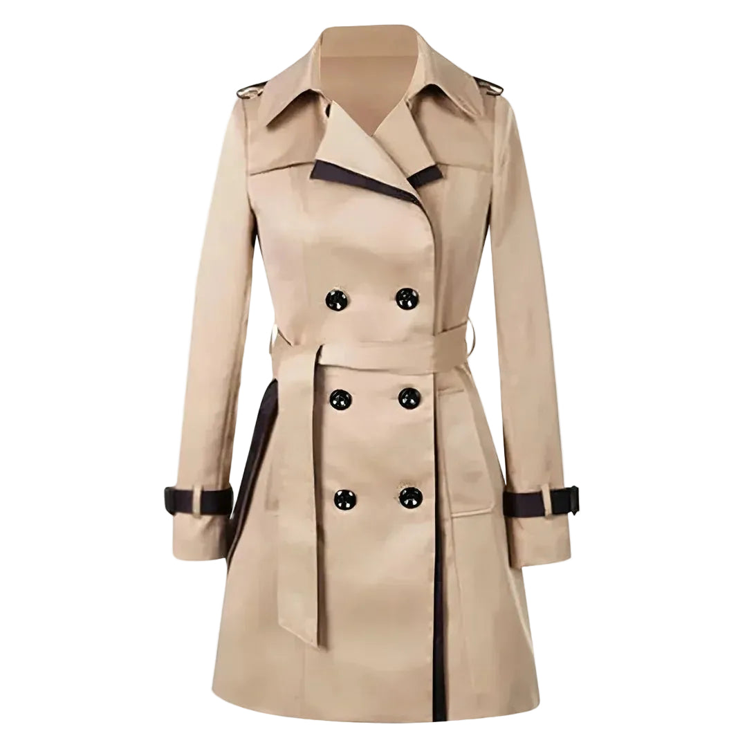 Beige trench coat with black accents on a white background