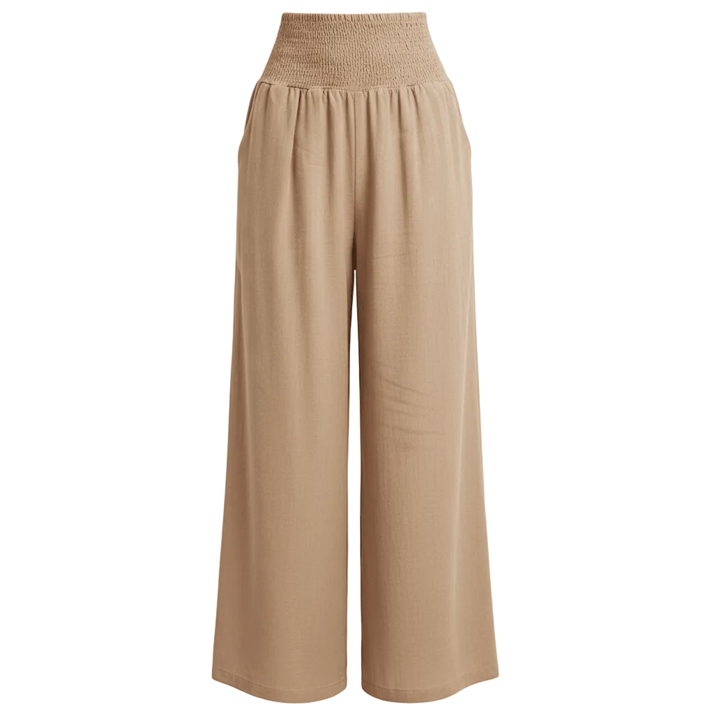 Beige wide-leg pants on a white background